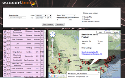 project picture, showing map of concerts and list of concert dates